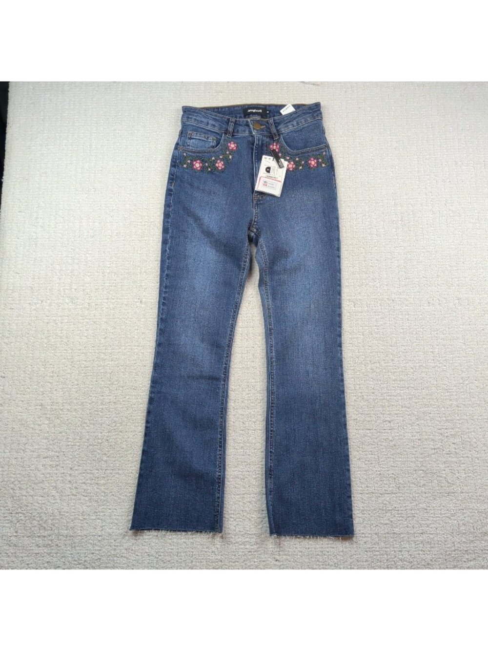NWT Desigual Flare Cropped Jeans Sz 36 Denim Floral Embroidered Boho Festival